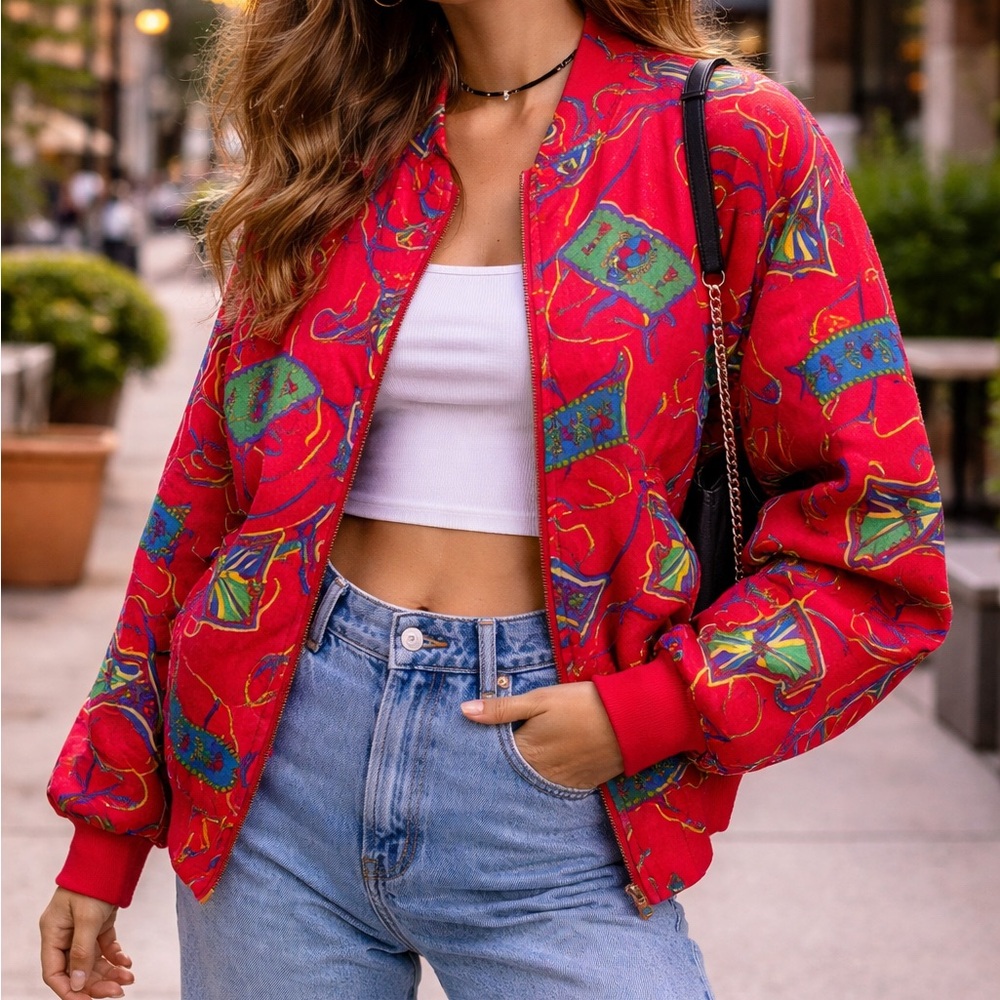 Vintage 90s Red Abstract Print Bomber Jacket Y2K Funky Eclectic Clowncore Size S